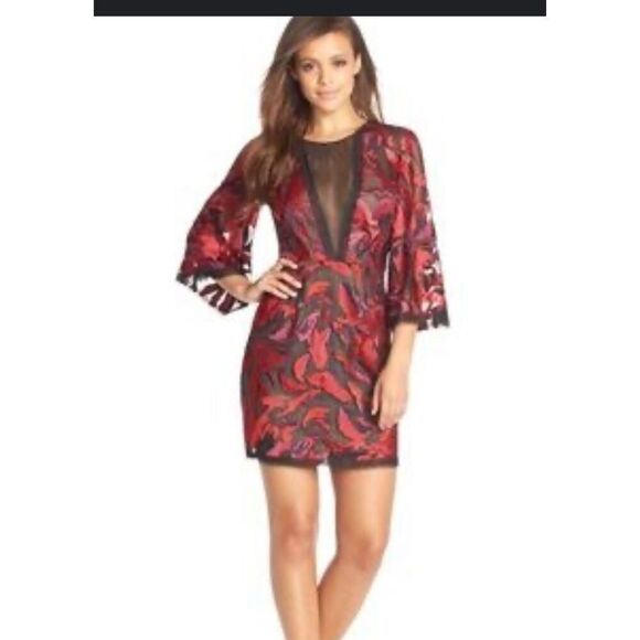 Bcbgmaxazria red and black bell sleeve mini dress sz 2 - Picture 1 of 6